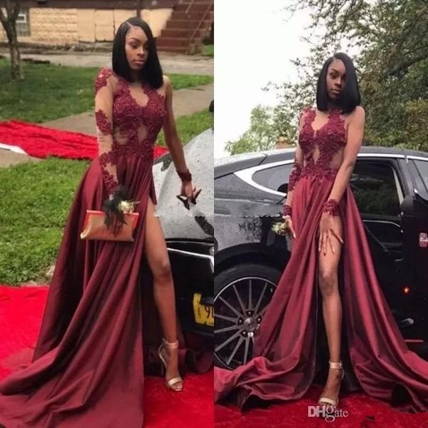 burgundy illusion prom dress long sleeve side split handmade appliques lace satin party gowns custom size, Black
burgundy illusion prom dress long sleeve side split handmade appliques lace satin party gowns custom size, Black