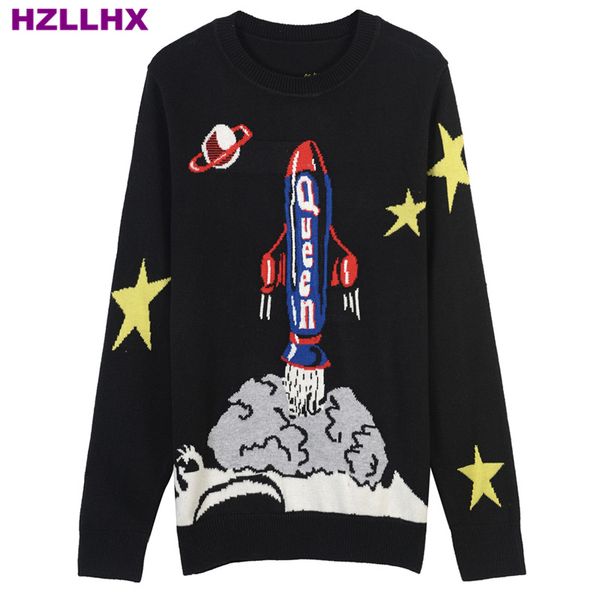 

hzllhx o-neck women and men knitting sweater knitting black planet rocket jacquard pullovers casual jumper cloud star, White;black