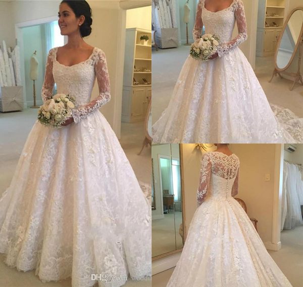 2018 a line long sleeve wedding dresses scoop neck lace appliques button back beaded country bridal wedding gowns custom made women dress, White
2018 a line long sleeve wedding dresses scoop neck lace appliques button back beaded country bridal wedding gowns custom made women dress, White