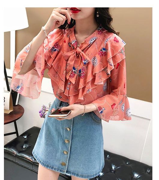 2018 summer new style female short sleeved chiffon shirt suona sleeve loose and comfortable tax stamp shirt, White
2018 summer new style female short sleeved chiffon shirt suona sleeve loose and comfortable tax stamp shirt, White