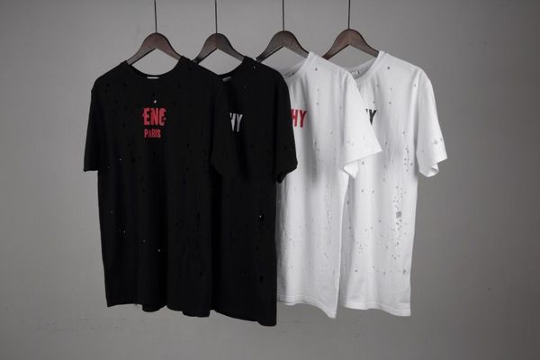 free ship 18ss Summer Street wear Europe giv Paris Fashion Men High Quality Big Broken Hole Cotton Tshirt Casual Women small hole T-shirt