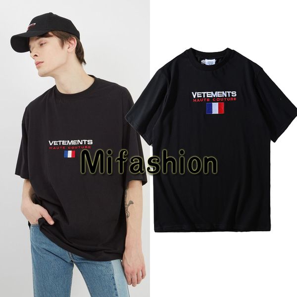 

Europe 2018 Summer Fashion Vetements Oversized T shirt Embroidery France Flag Hip Hop Haute Couture Tshirt Tee Top