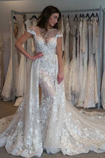delicate new short sleeve lace sheath wedding dresses with detachable train bridal gowns applique custom made see through romantic, White
delicate new short sleeve lace sheath wedding dresses with detachable train bridal gowns applique custom made see through romantic, White