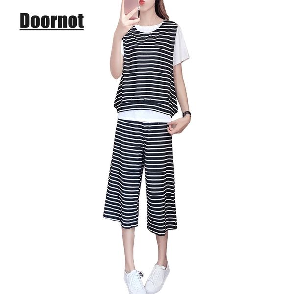 

doornot big striped women`s outfit summer fashion casual loose spliced & calf-length pants 2 piece 5xl plus size twinset, White