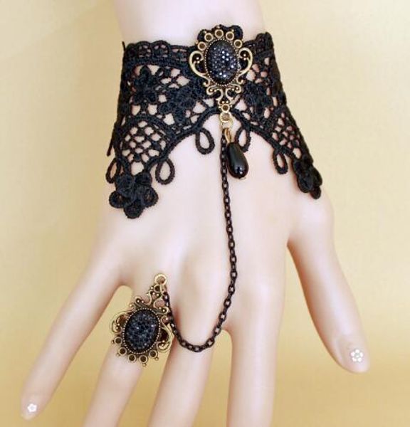 new european and american women vintage black lace bracelet with ring integrated chain fashion classic elegant, Golden;silver
new european and american women vintage black lace bracelet with ring integrated chain fashion classic elegant, Golden;silver