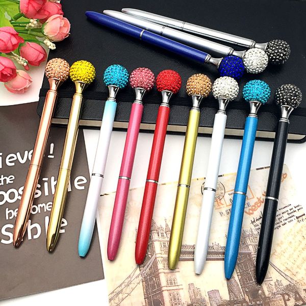 10pcs Big Carat Diamond Crystal Pen Gem Ballpoint Pen Ring Wedding Office Metal Ring Roller Ball Rose Gold Silver Pink Blue