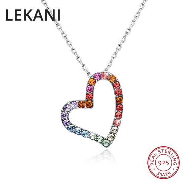 

lekani crystals from hollow heart pendant necklace for women chic s925 silver colorful collares valentine's day gift