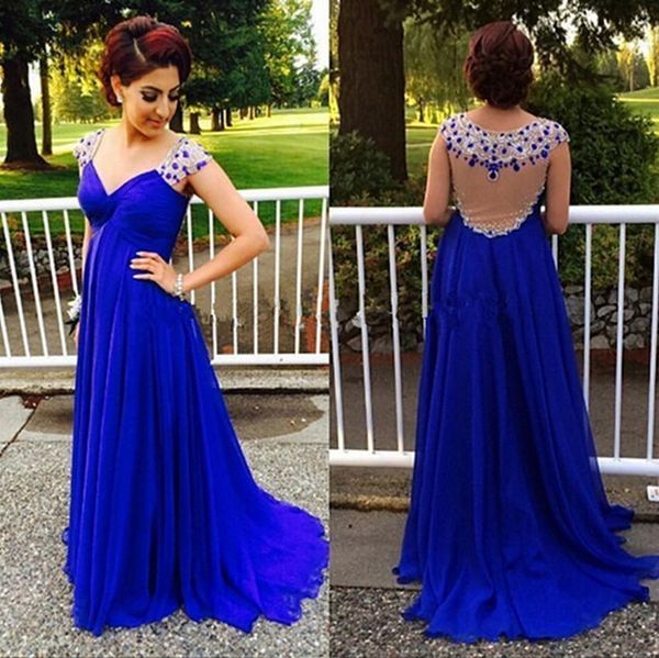 chiffon v neck cap sleeves empire waist beaded floor length royal blue evening dresses sheer back maternity prom gown, Black;red
chiffon v neck cap sleeves empire waist beaded floor length royal blue evening dresses sheer back maternity prom gown, Black;red