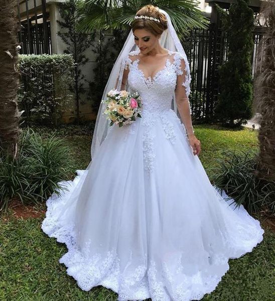 ball gown applique lace wedding dresses illusion sheer long sleeve plus size country bridal gowns wedding dress robe de mariée, White
ball gown applique lace wedding dresses illusion sheer long sleeve plus size country bridal gowns wedding dress robe de mariée, White