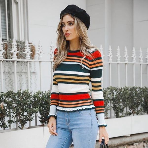 

stripe vintage sweater women autumn winter 2018 elegant ruffles o neck knitting sweater long sleeve basics jumper, White;black