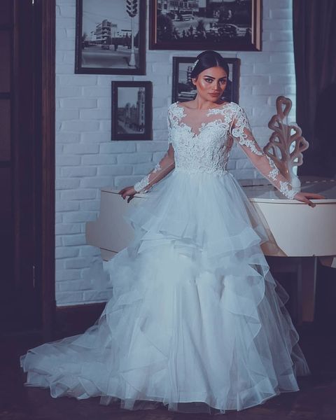 romantic a line tiered tulle wedding dresses sheer neck lace applique long sleeves sweep train wedding dress bridal gowns vestidos de noiva, White
romantic a line tiered tulle wedding dresses sheer neck lace applique long sleeves sweep train wedding dress bridal gowns vestidos de noiva, White