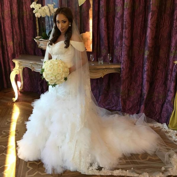 vintage mermaid beach wedding dresses off shoulder beads lace applique crystal bridal dress fluffy tiered tulle wedding gowns custom made, White
vintage mermaid beach wedding dresses off shoulder beads lace applique crystal bridal dress fluffy tiered tulle wedding gowns custom made, White
