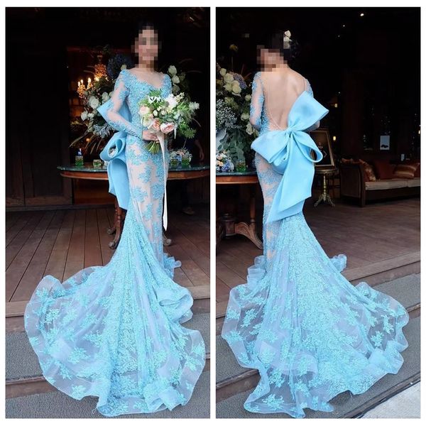 2019 beautiful backless lace appliques prom dresses with long sleeve sweep train tulle beaded pearls mermaid evening dresses with bow, Black
2019 beautiful backless lace appliques prom dresses with long sleeve sweep train tulle beaded pearls mermaid evening dresses with bow, Black