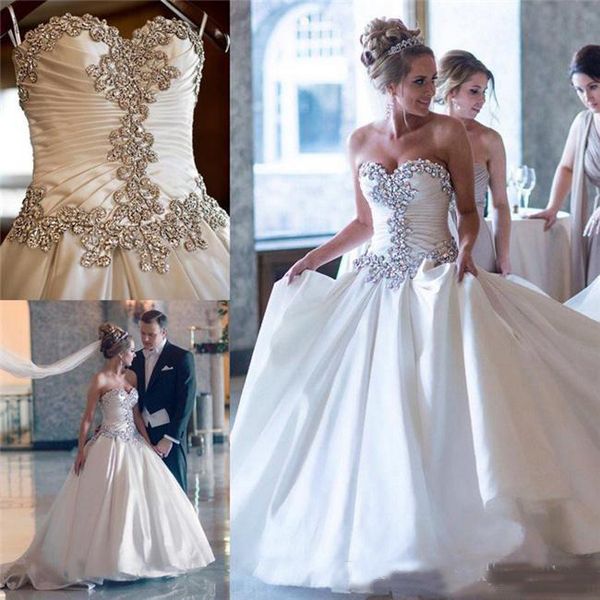 Graceful Crystals Beaded Wedding Dresses Sweetheart Ruffles Lace Up Back A Line Bridal Gowns Plus Size Wedding Dresses