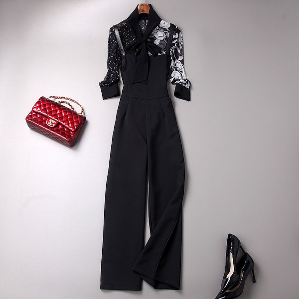 european women's wear 2018 the new summer long sleeve the scarf collar printed shirt + overalls wide-legged pants suit, White
european women's wear 2018 the new summer long sleeve the scarf collar printed shirt + overalls wide-legged pants suit, White