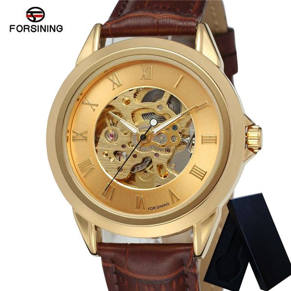 

forsining automatic mechanical men watch skeleton waterproof man clock sport army male wristwatch 0023, Slivery;brown