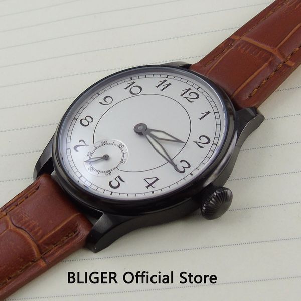 

casual 44mm white sterile dial black pvd coated case luminous hands 17 jewels 6498 hand winding movement men's wristwatch b7, Slivery;brown