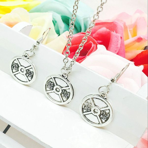 горячие продажи сплава античное серебро 25 фунтов 11,3 кг фитнес тяжелая атлетика тег шарм кулон ожерелье серьги набор творческих женщин юве, Silver 
горячие продажи сплава античное серебро 25 фунтов 11,3 кг фитнес тяжелая атлетика тег шарм кулон ожерелье серьги набор творческих женщин юве, Silver