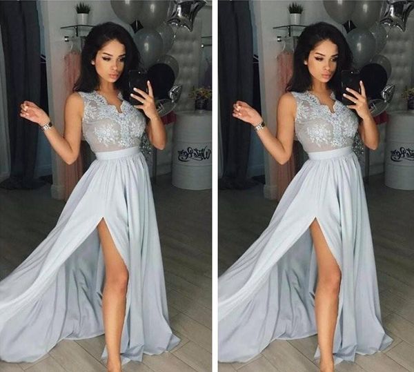 silver long evening dresses lace appliques v neck sleeves side split a line chiffon prom party gowns, Black
silver long evening dresses lace appliques v neck sleeves side split a line chiffon prom party gowns, Black