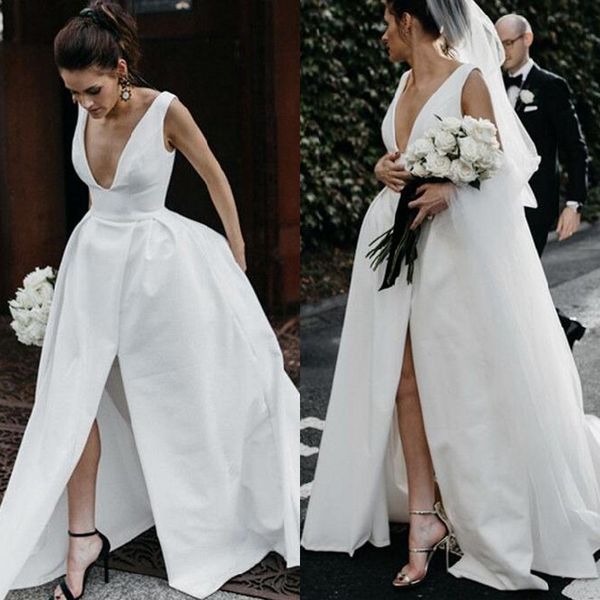2019 modern satin wedding dresses deep v neck sleeveless simple elegant long bridal gowns with high split custom made high quality, White
2019 modern satin wedding dresses deep v neck sleeveless simple elegant long bridal gowns with high split custom made high quality, White