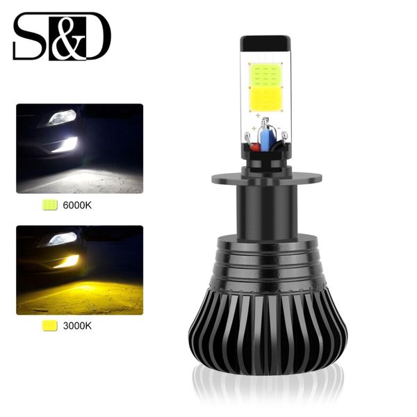 

s&d car lights h3 led fog lights drl daytime running drving bulbs dual color 3000k 6000k auto lamp 12v 24v white yellow
