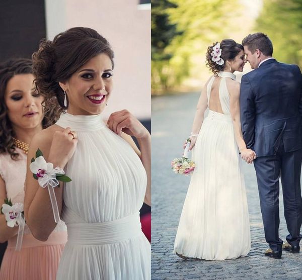 Simple Chiffon Keyhole Back Beach Wedding Dresses With High Neck Sleeveless Pleated Floor Length Sexy Backless Wedding Gowns
Simple Chiffon Keyhole Back Beach Wedding Dresses With High Neck Sleeveless Pleated Floor Length Sexy Backless Wedding Gowns