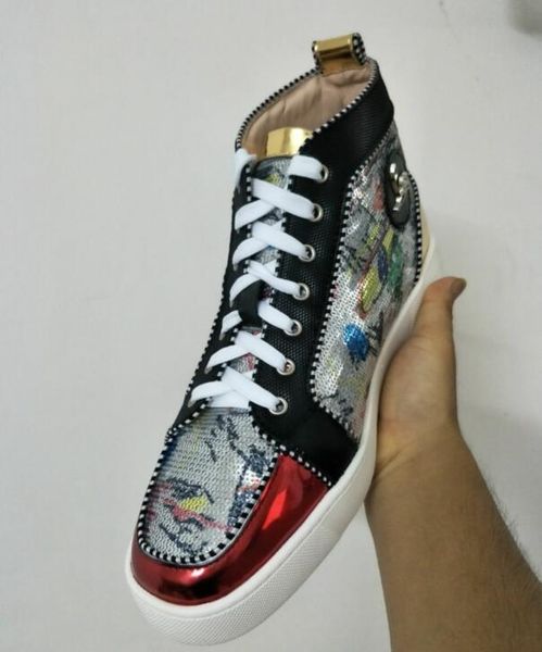 New Designer Red Bottom Sneakers Men Women High Top Luxurious Spikes + Rhinestones + Graffiti Casual mens designer shoes 36-47