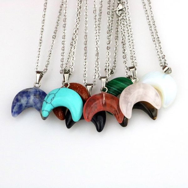 fashion natural stone necklace turquoise opal pink crystal double horn moon crescent shape necklace whith stainless steel chain, Silver
fashion natural stone necklace turquoise opal pink crystal double horn moon crescent shape necklace whith stainless steel chain, Silver