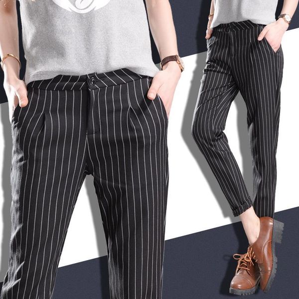 women's new high waist vertical stripes casual pants women trousers british style loose opening pencil pants, Black;white
women's new high waist vertical stripes casual pants women trousers british style loose opening pencil pants, Black;white