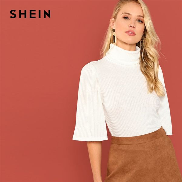 

shein white three quarter length sleeve high neck ribbed knit pullovers slim tee autumn office lady casual women tshirt top