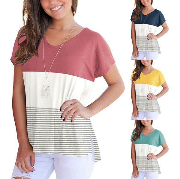 women v neck short sleeve summer t-shirts casual striped 3 colors patchwork tee loose style tee shirts, White
women v neck short sleeve summer t-shirts casual striped 3 colors patchwork tee loose style tee shirts, White