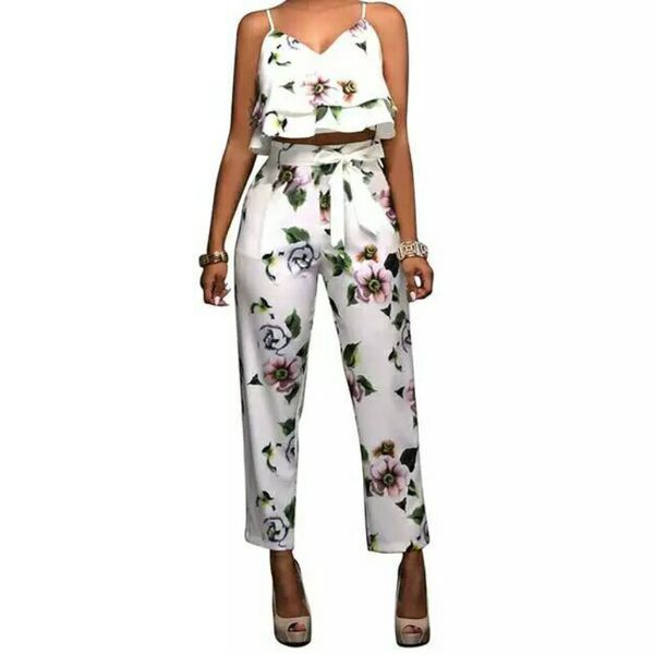 women two piece outfits summer suit multicolor tropical print cold shoulder crop + long pants female sets, White
women two piece outfits summer suit multicolor tropical print cold shoulder crop + long pants female sets, White