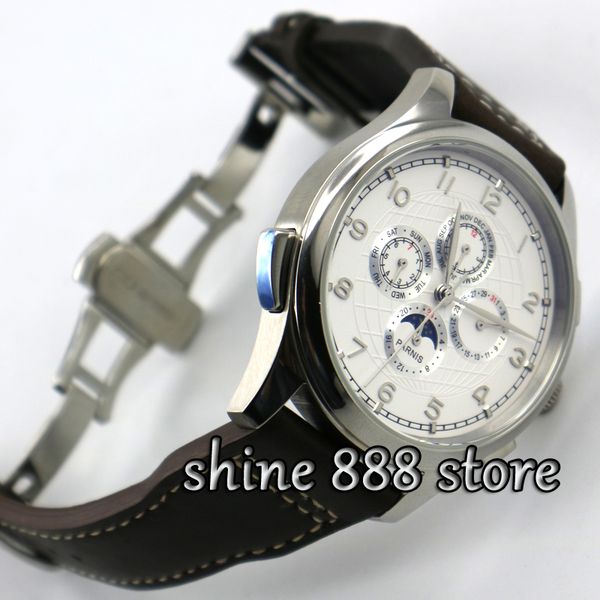 watch 44mm white dial deployant clasp silver hands moon phase week and date multifunction automatic movement men's watch, Slivery;brown
watch 44mm white dial deployant clasp silver hands moon phase week and date multifunction automatic movement men's watch, Slivery;brown