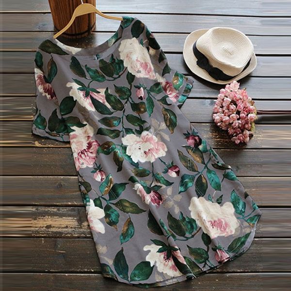 

2018 summer zanzea women floral print crew neck casual cotton linen short sleeve mini dress loose baggy work sundress oversized, White;black