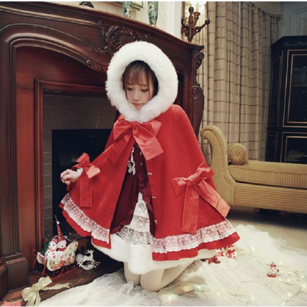 2017 winter new woolen coat japanese female sweet christmas hooded cape bow red coat warm lolita style fur collar women cloak, Black
2017 winter new woolen coat japanese female sweet christmas hooded cape bow red coat warm lolita style fur collar women cloak, Black