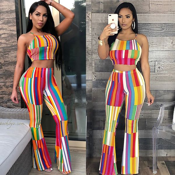 women's rainbow stripe print sleeveless 2 piece bandeau and wide leg pants set j5013, White
women's rainbow stripe print sleeveless 2 piece bandeau and wide leg pants set j5013, White