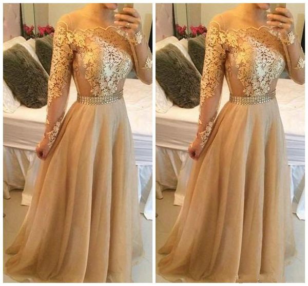elegant gold applique illusion long sleeves evening dresses organza floor length crystal sash prom dress a line formal party gowns, Black
elegant gold applique illusion long sleeves evening dresses organza floor length crystal sash prom dress a line formal party gowns, Black