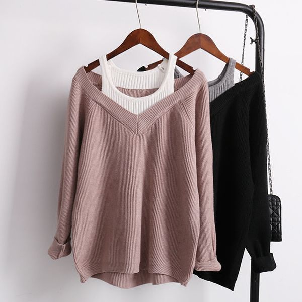 women off the shoulder sweater v neck loose oversized pullover sweaters patchwork long sleeve autumn jumper knitted sweater, White;black
women off the shoulder sweater v neck loose oversized pullover sweaters patchwork long sleeve autumn jumper knitted sweater, White;black