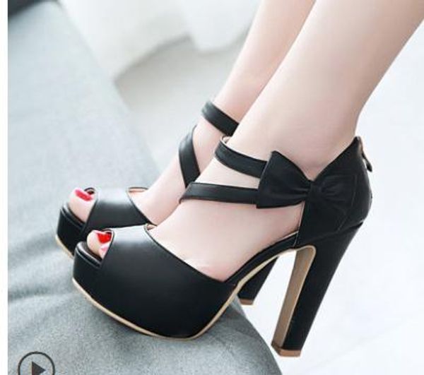 send summer new style high heels waterproof table coarse heel sandals women's refreshing bowknot, Black
send summer new style high heels waterproof table coarse heel sandals women's refreshing bowknot, Black