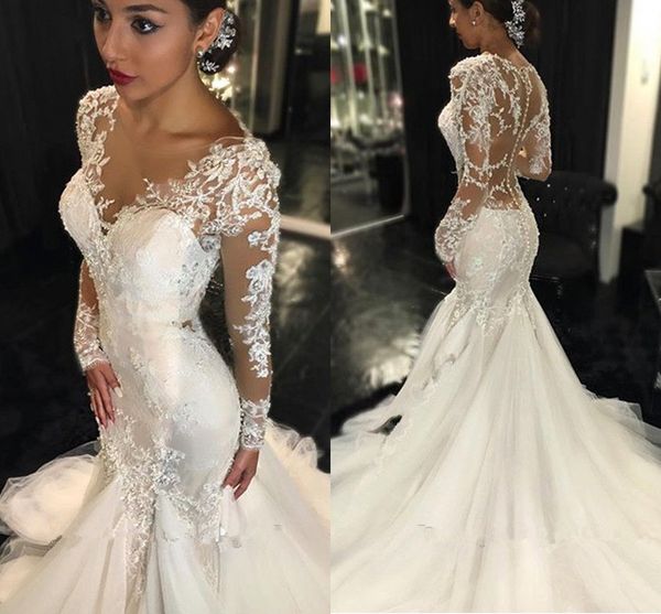 2020 vintage lace mermaid wedding dresses long sleeves appliques beaded wedding gowns sweep train jewel bridal gowns hy174, White
2020 vintage lace mermaid wedding dresses long sleeves appliques beaded wedding gowns sweep train jewel bridal gowns hy174, White