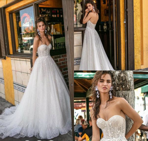 2019 berta wedding dresses a line sweetheart lace applique backless sweep train country bridal dress sequins plus size beach wedding gowns, White
2019 berta wedding dresses a line sweetheart lace applique backless sweep train country bridal dress sequins plus size beach wedding gowns, White