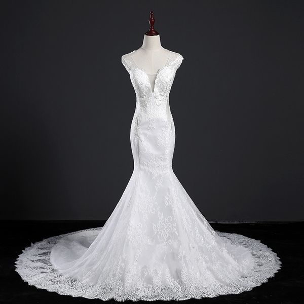 lace tulle mermaid wedding dresses sheer back 2018 court train bridal dresses for marrige button back, White
lace tulle mermaid wedding dresses sheer back 2018 court train bridal dresses for marrige button back, White