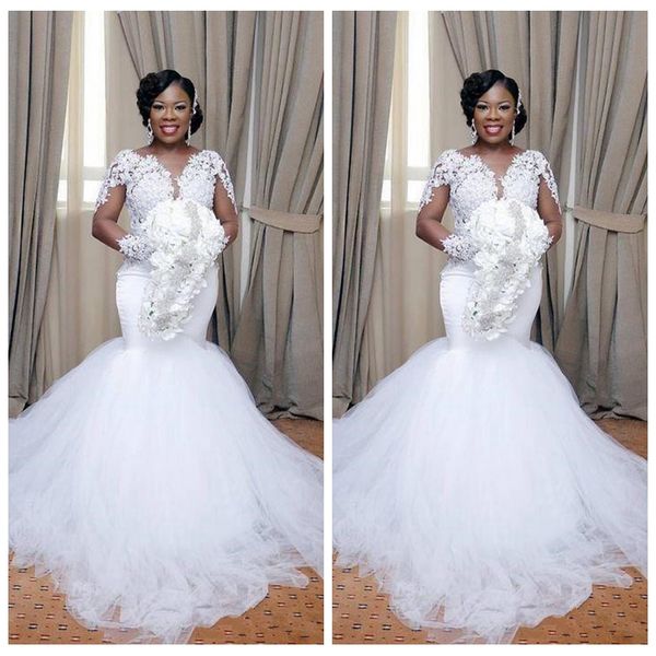2019 african mermaid wedding dresses sheer neck white lace appliques nude long illusion sleeve court train tiered tulle bridal gown
2019 african mermaid wedding dresses sheer neck white lace appliques nude long illusion sleeve court train tiered tulle bridal gown