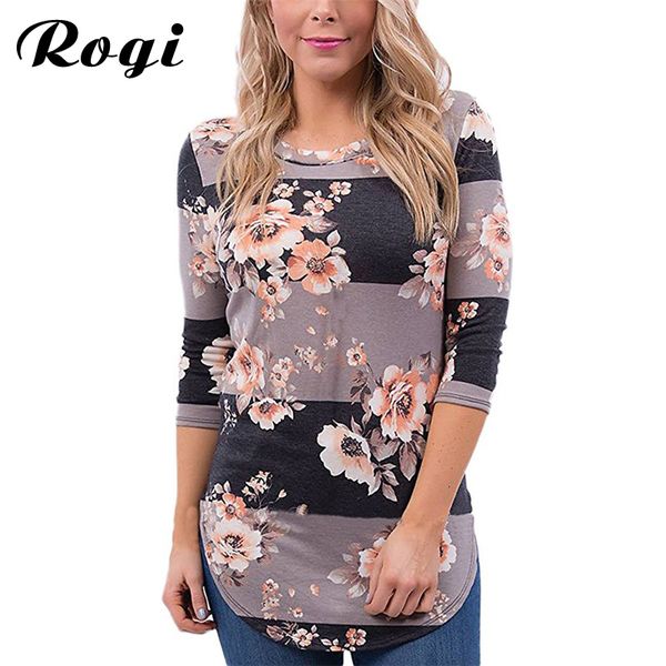 

rogi fall 2017 fashion women's blouse casual floral print long sleeve blouses autumn 3/4 sleeve shirt tunic blusas feminina, White