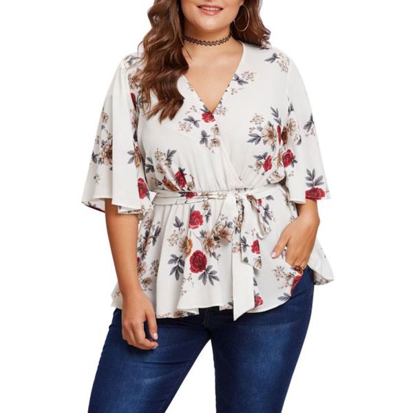 

n fashion women blouse plus size 5xl v neck floral print flare sleeve belted surplice peplum blouse blusas feminina, White