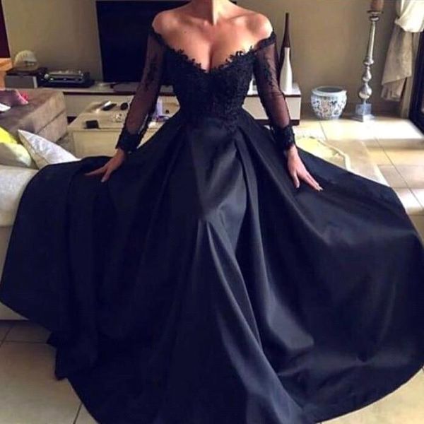 2019 black off the shoulder satin long evening dresses lace long sleeves floor length formal party prom gowns bc0136, Black;red
2019 black off the shoulder satin long evening dresses lace long sleeves floor length formal party prom gowns bc0136, Black;red