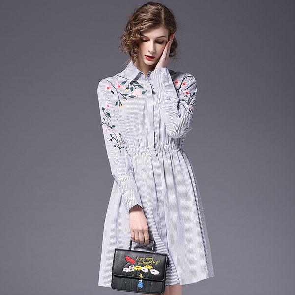 spring-summer women's 100% cotton high waist dress euro-american elegant striped dress with floral embroidery and long sleeves, White;black
spring-summer women's 100% cotton high waist dress euro-american elegant striped dress with floral embroidery and long sleeves, White;black