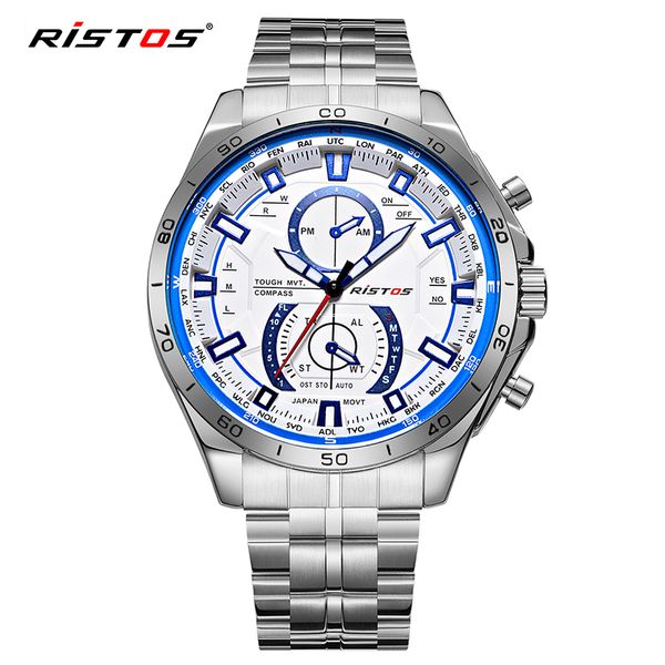 

ristos men's fashion casual sport quartz watch mens watches stainless steel wristwatch male clock, Slivery;brown