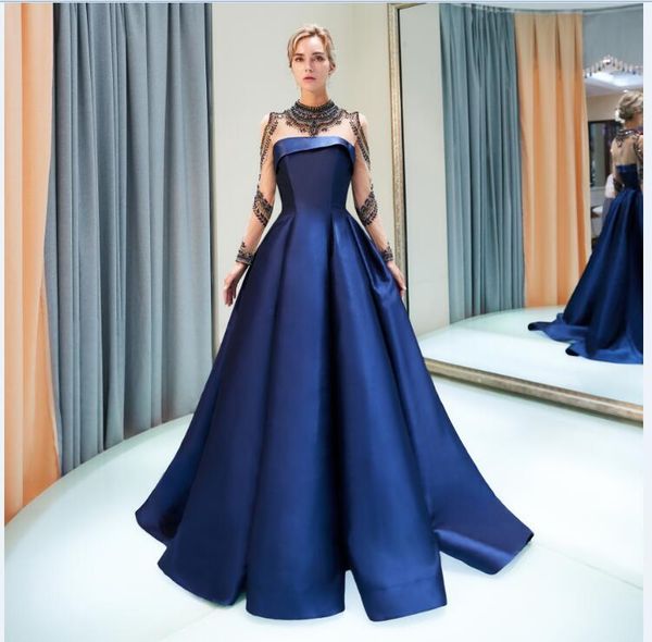 2018 high neck crystal long prom party dresses off shoulder long sleeves formal evening dresses elegant navy blue party gown 63695, Black
2018 high neck crystal long prom party dresses off shoulder long sleeves formal evening dresses elegant navy blue party gown 63695, Black