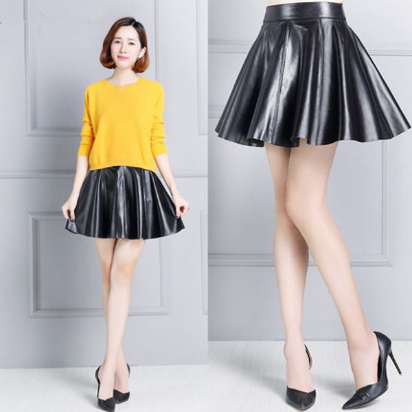 new high-waist leather skirt pleated skirt, Black